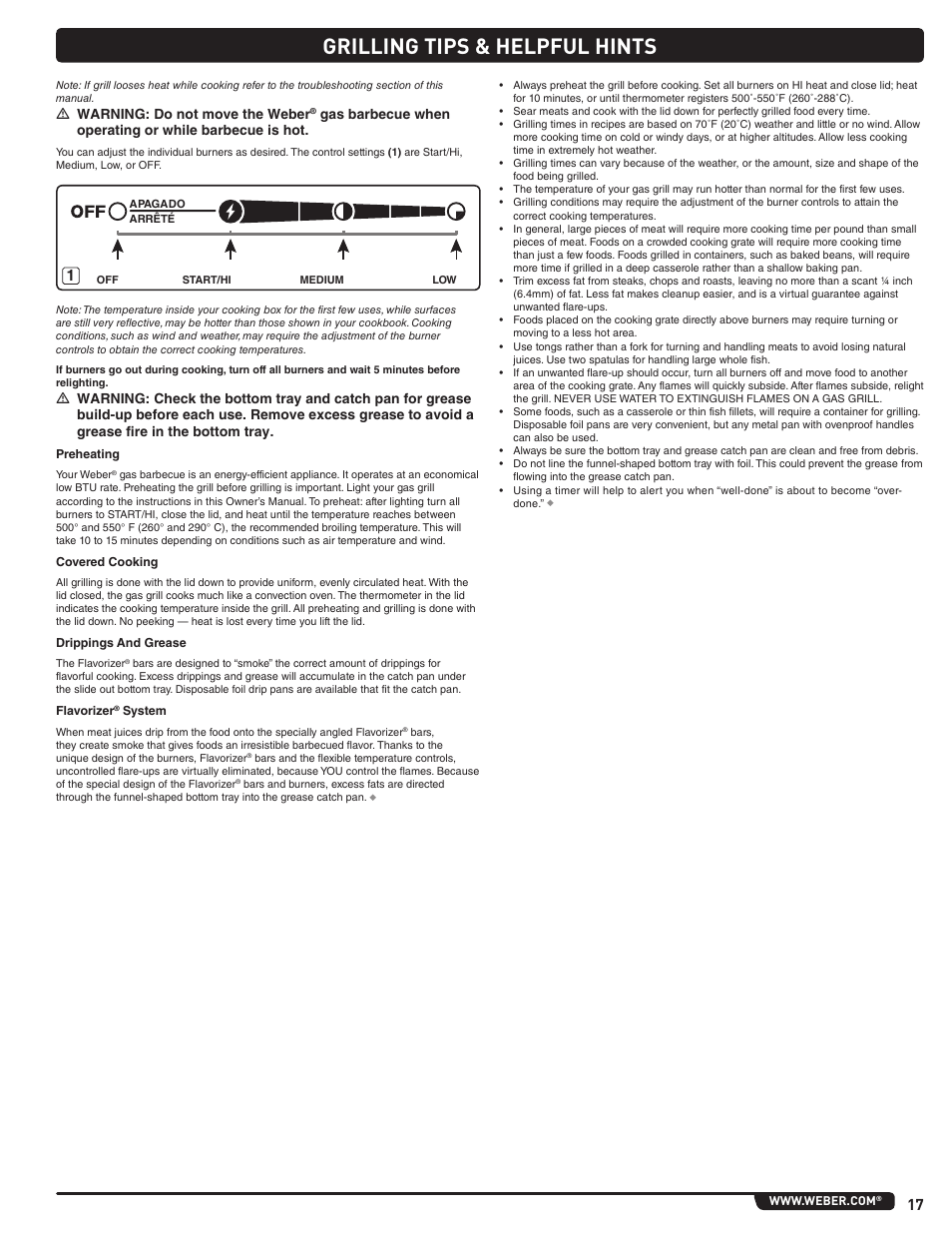 Grilling tips & helpful hints, M warning: do not move the weber | weber Summit 56221 User Manual | Page 17 / 80