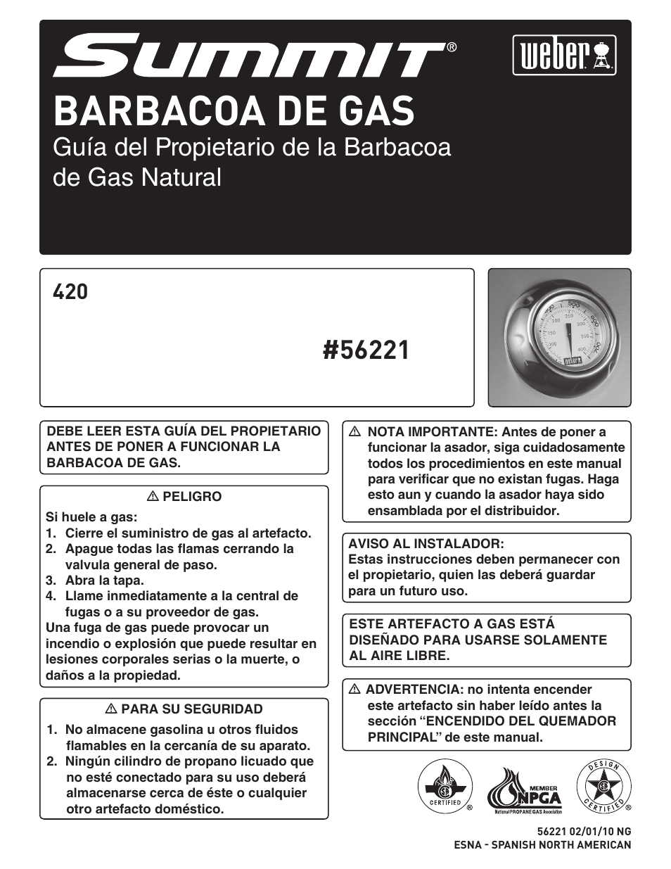 Barbacoa de gas, Guía del propietario de la barbacoa de gas natural | weber Summit 56221 User Manual | Page 27 / 80