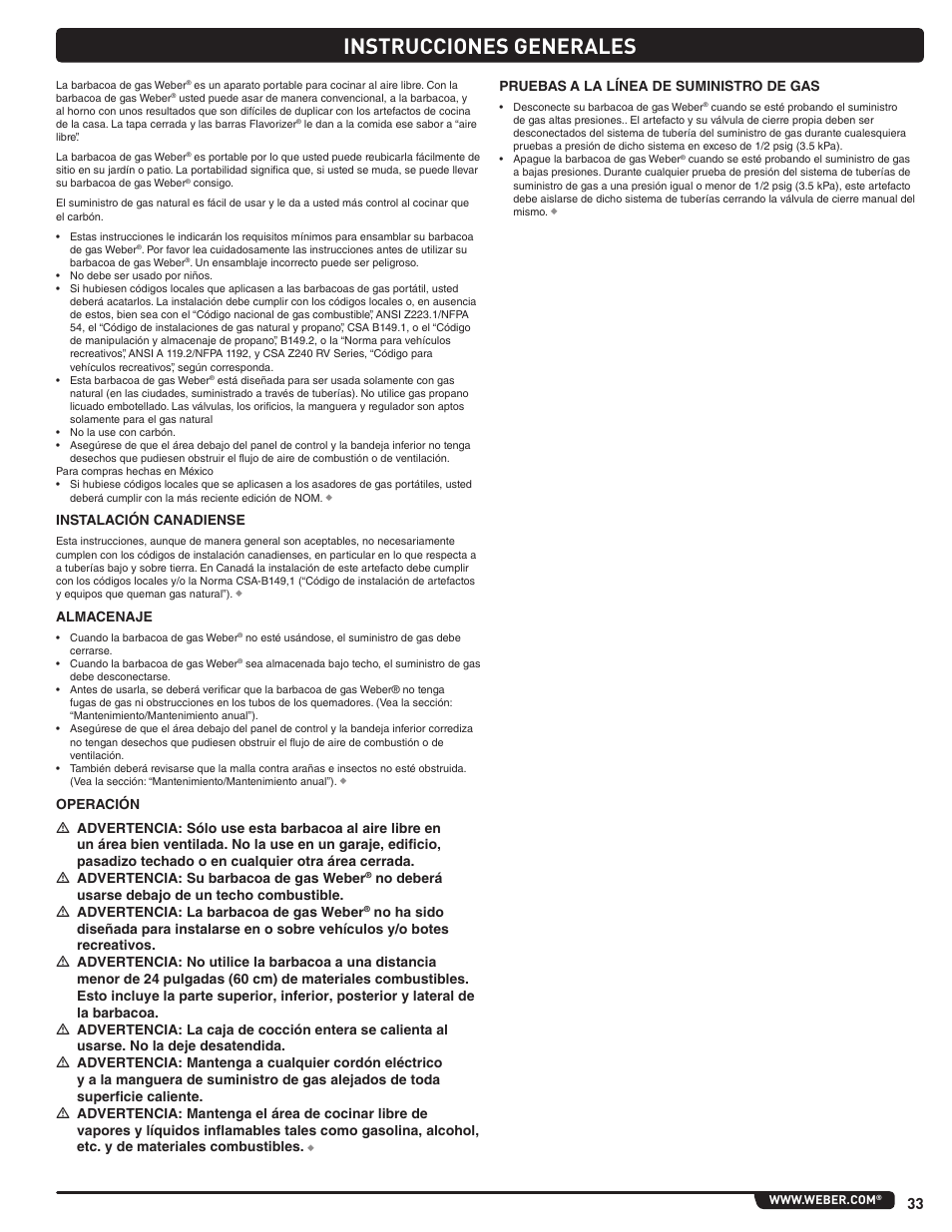 Instrucciones generales, Instalación canadiense, Almacenaje | Pruebas a la línea de suministro de gas | weber Summit 56221 User Manual | Page 33 / 80