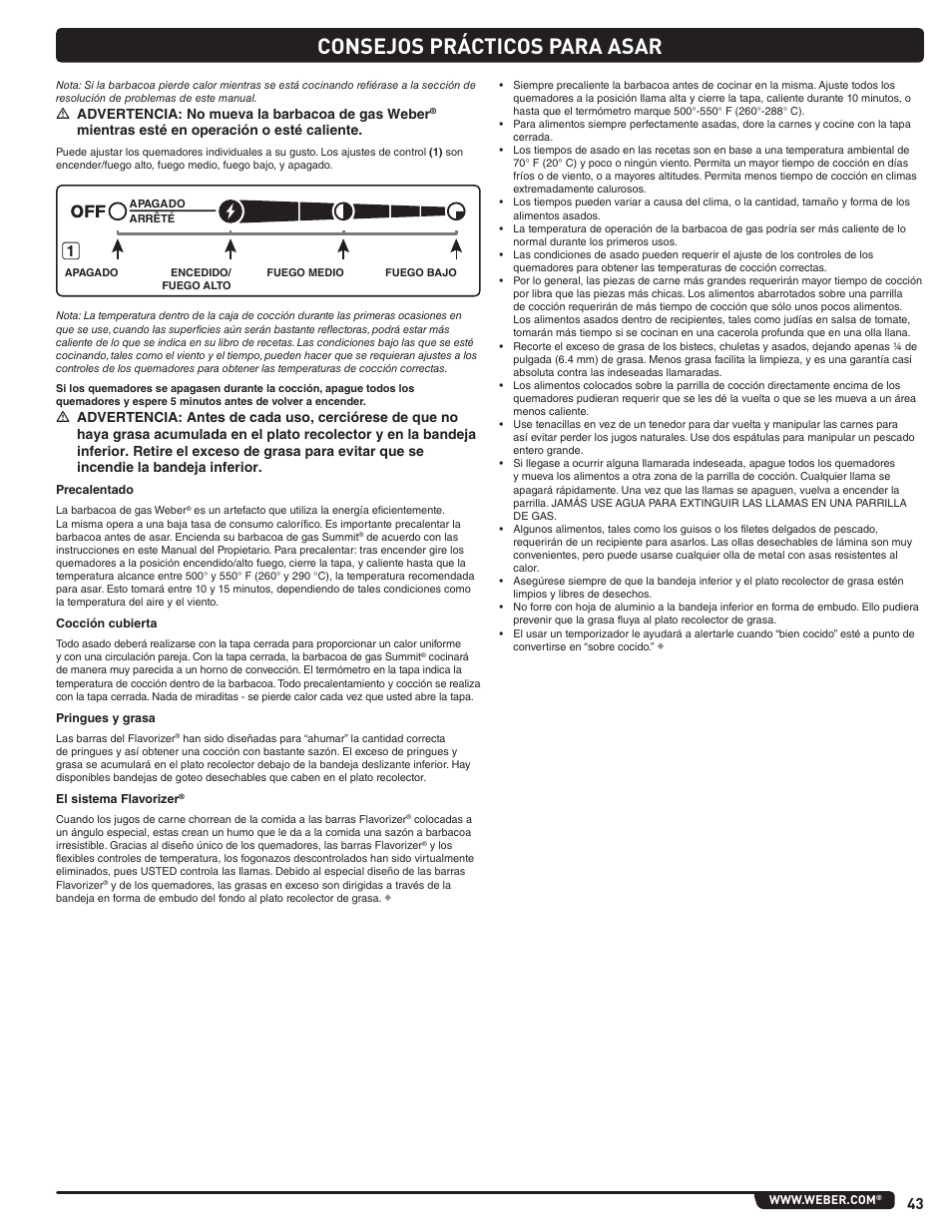 Consejos prácticos para asar, M advertencia: no mueva la barbacoa de gas weber, Mientras esté en operación o esté caliente | weber Summit 56221 User Manual | Page 43 / 80