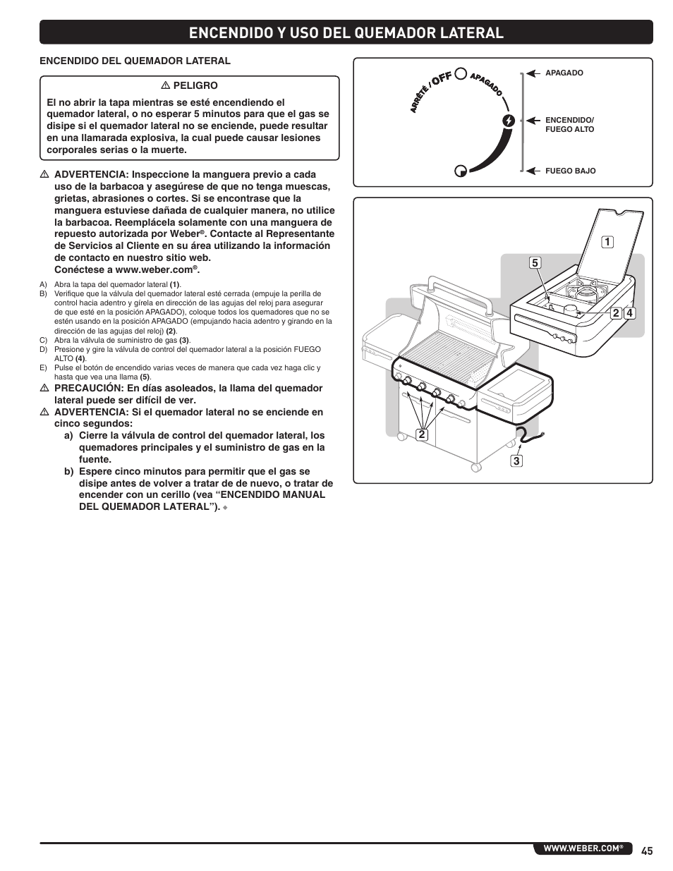 Encendido y uso del quemador lateral | weber Summit 56221 User Manual | Page 45 / 80