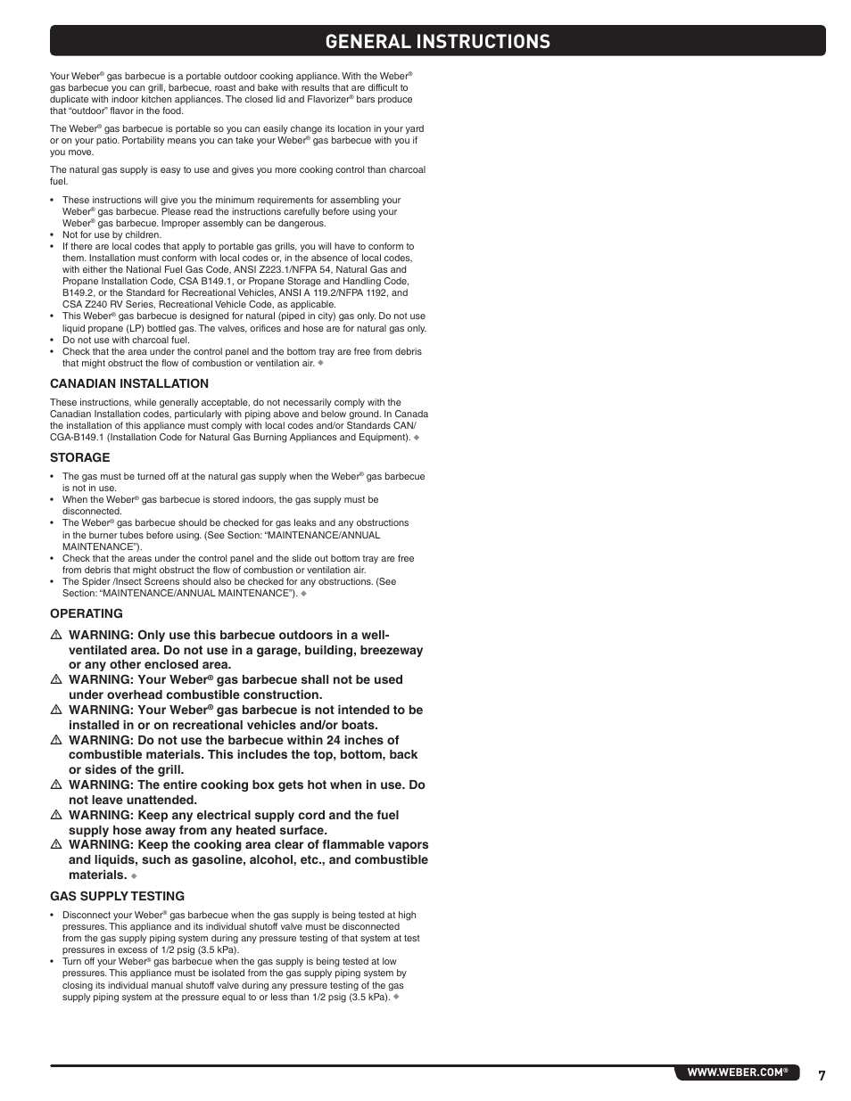 General instructions, Canadian installation, Storage | Gas supply testing | weber Summit 56221 User Manual | Page 7 / 80