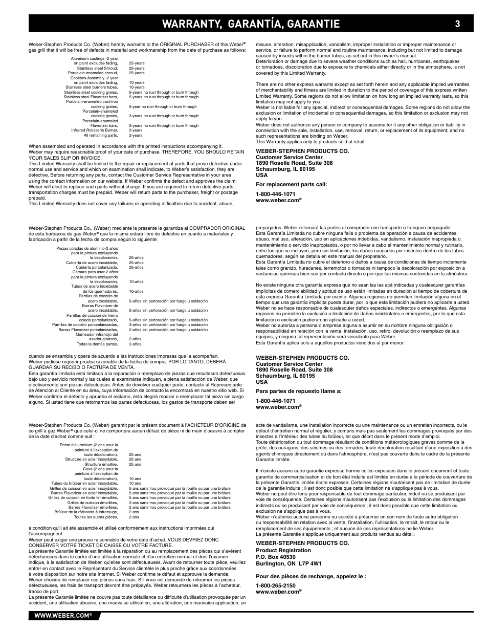 Warranty, Warranty, garantía, garantie | weber 89559 User Manual | Page 3 / 84