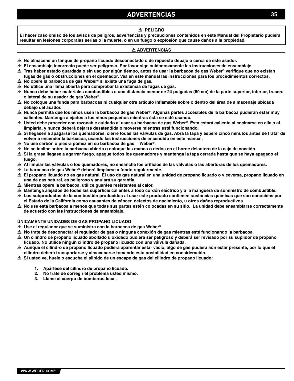 Dangers and warnings, Advertencias | weber 89559 User Manual | Page 35 / 84