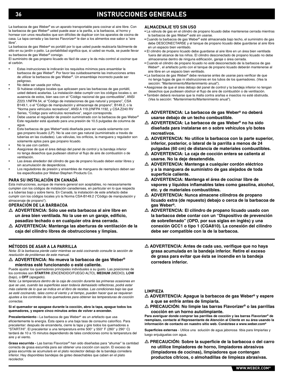 Instrucciones generales | weber 89559 User Manual | Page 36 / 84