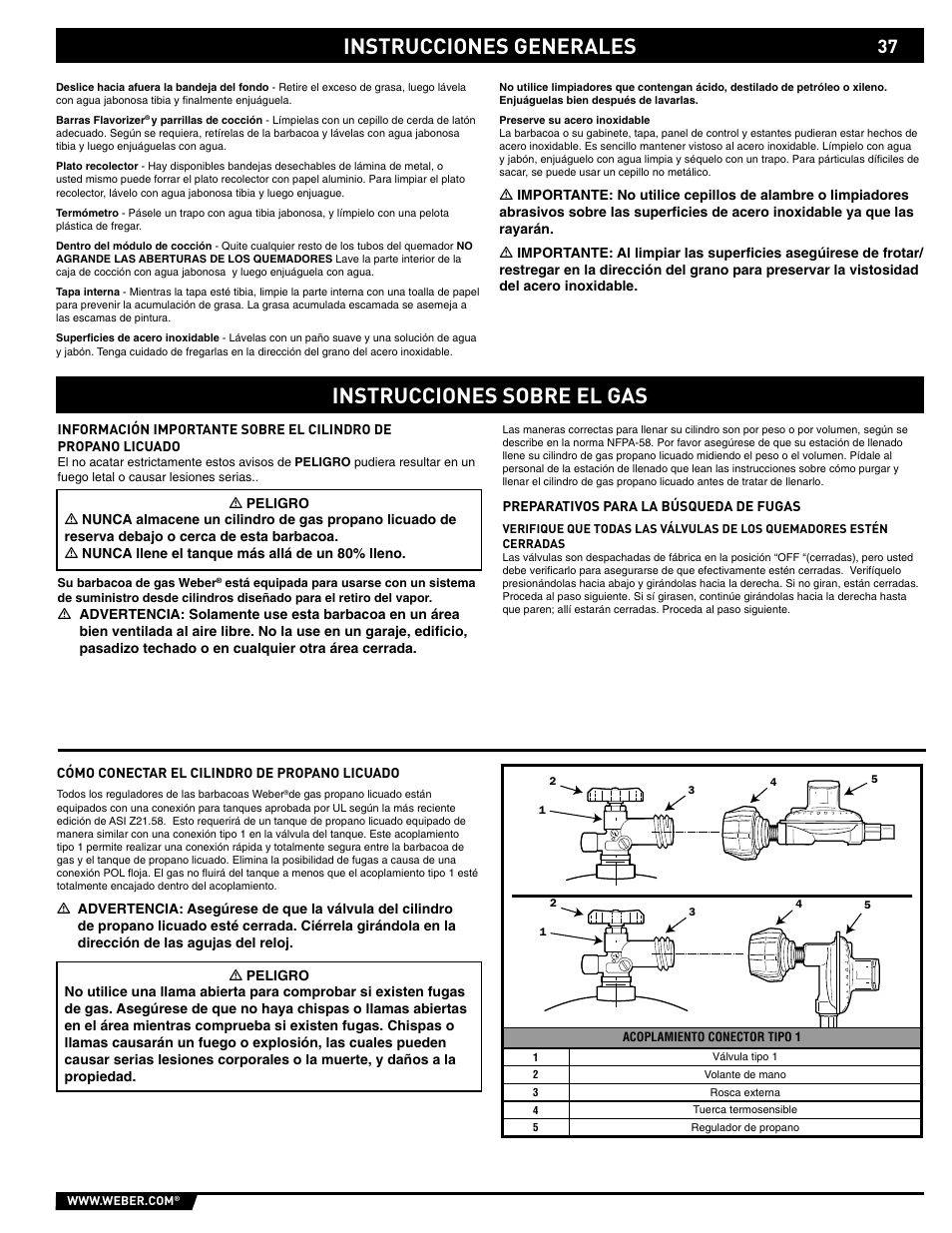 General instructions, Instrucciones sobre el gas, Instrucciones generales | weber 89559 User Manual | Page 37 / 84