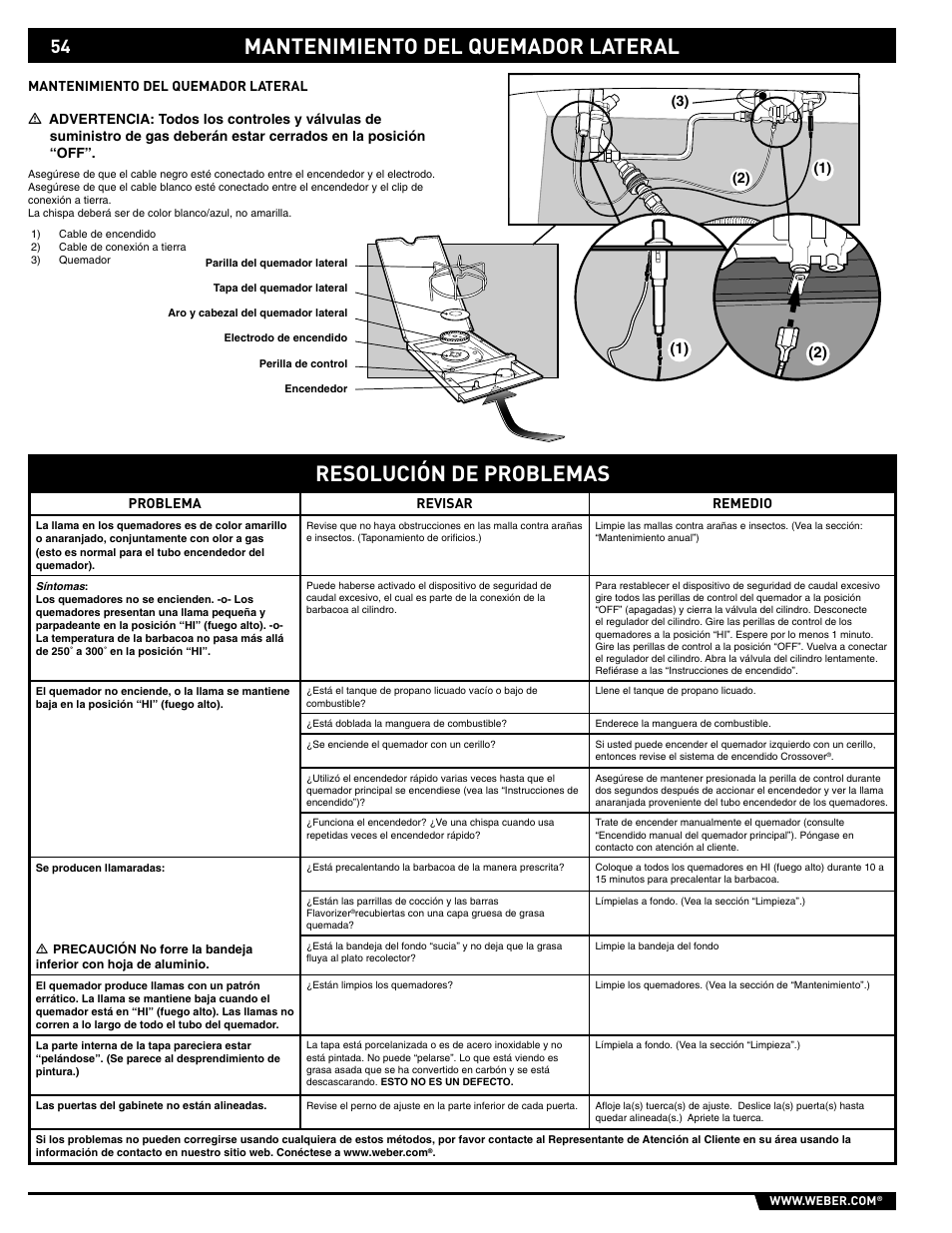 Resolución de problemas, Mantenimiento del quemador lateral | weber 89559 User Manual | Page 54 / 84