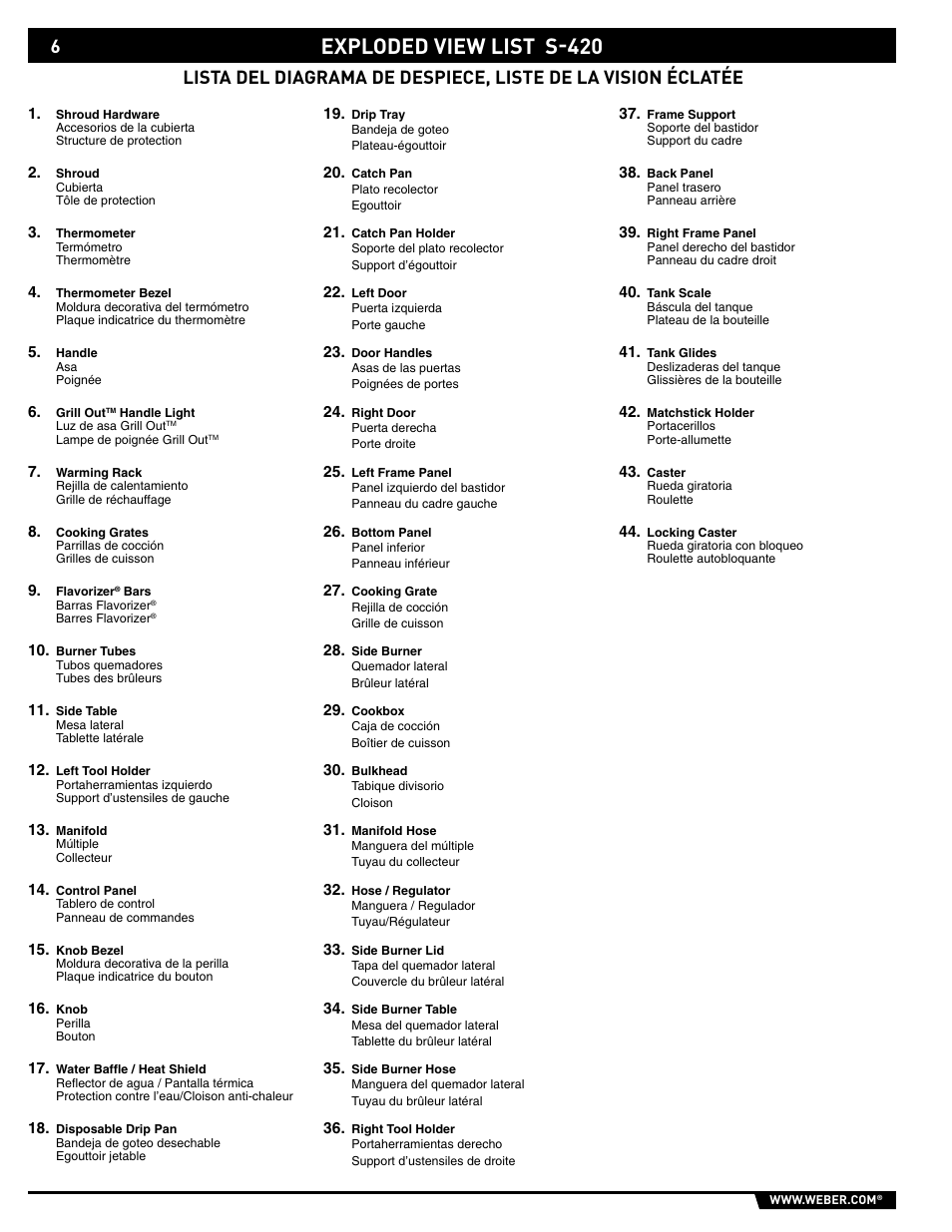 Exploded view list s-420 | weber 89559 User Manual | Page 6 / 84