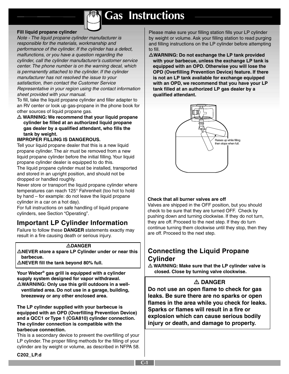 Gas instructions, Important lp cylinder information, Connecting the liquid propane cylinder | weber 55767 User Manual | Page 20 / 31