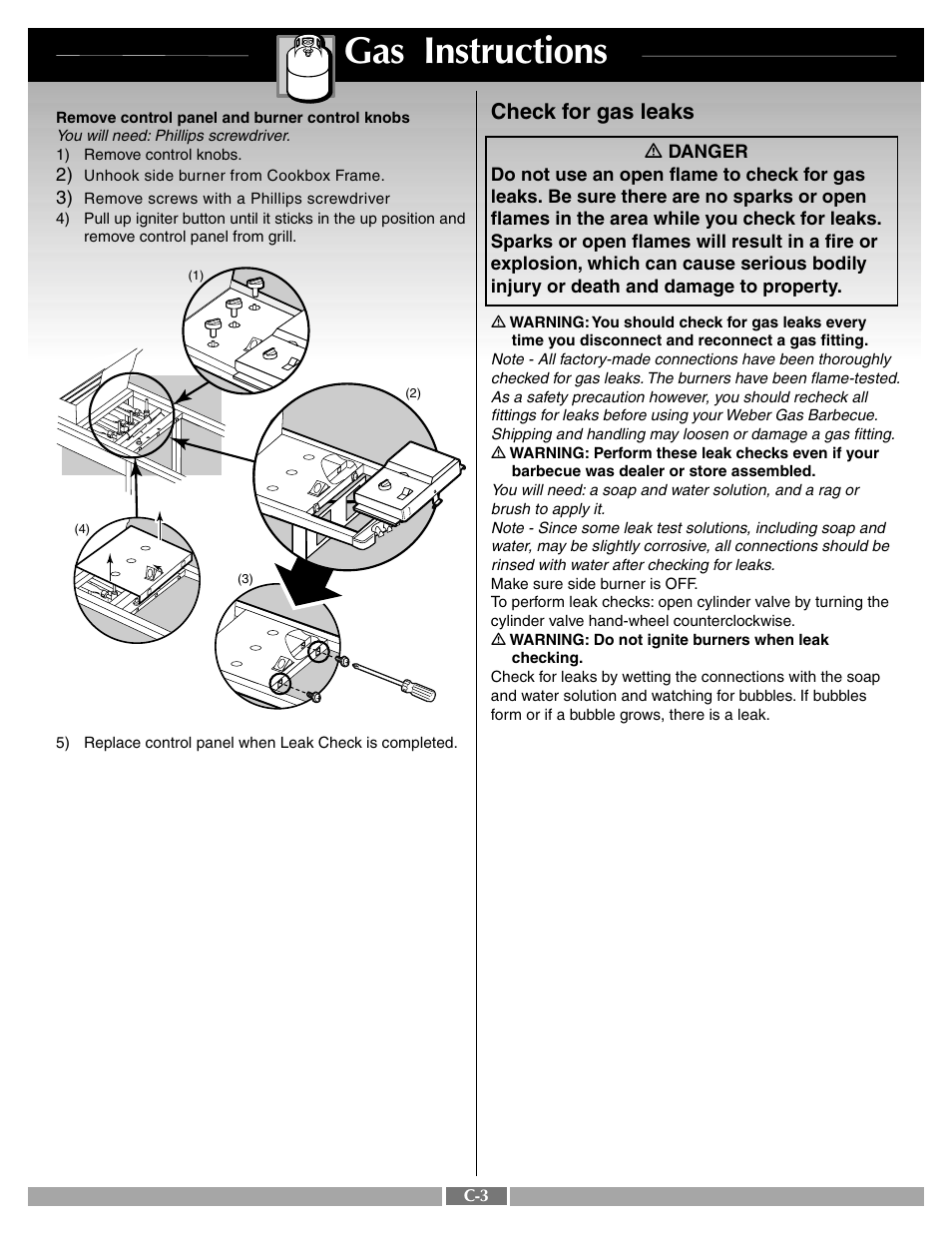 Gas instructions, Check for gas leaks | weber 55767 User Manual | Page 22 / 31