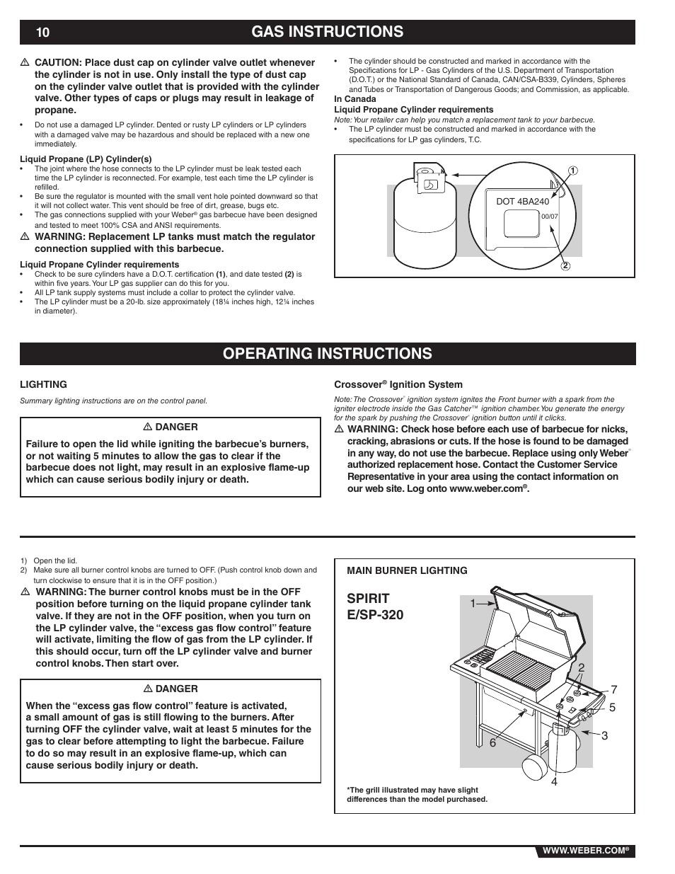 Gas instructions operating instructions, Spirit e/sp-320 | weber 89838 User Manual | Page 10 / 48