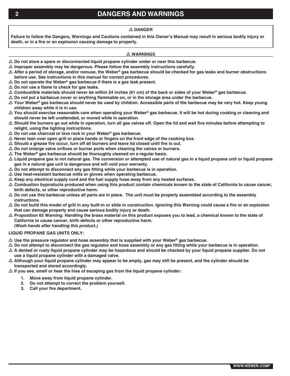 Dangers and warnings | weber 89838 User Manual | Page 2 / 48