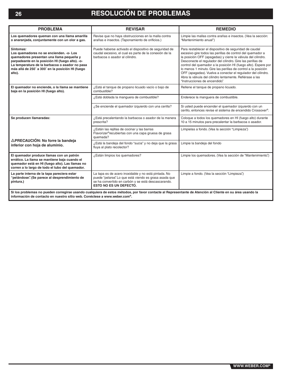 Resolución de problemas, Problema revisar remedio | weber 89838 User Manual | Page 26 / 48