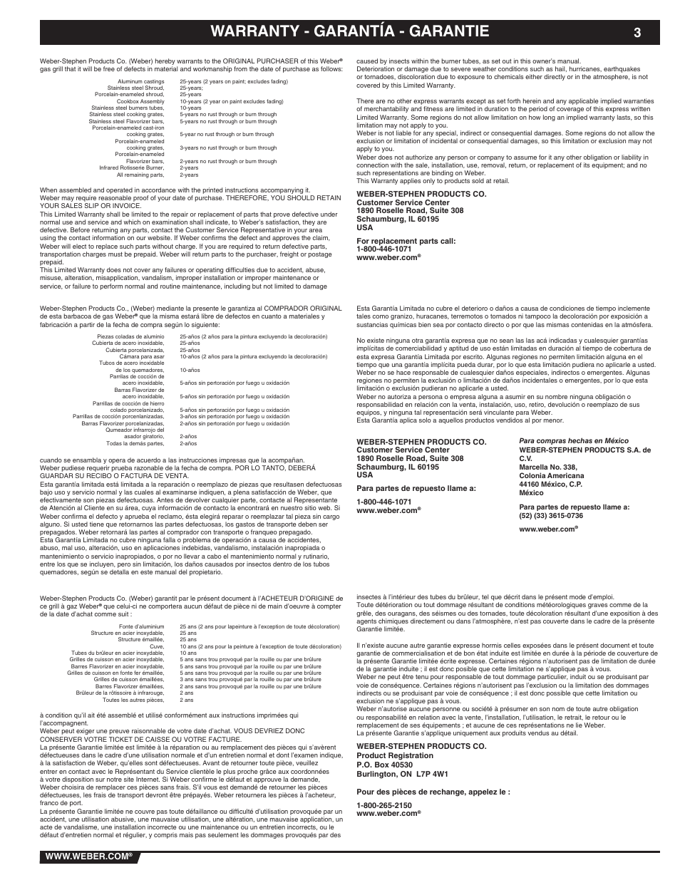 Warranty - garantía - garantie | weber 89838 User Manual | Page 3 / 48