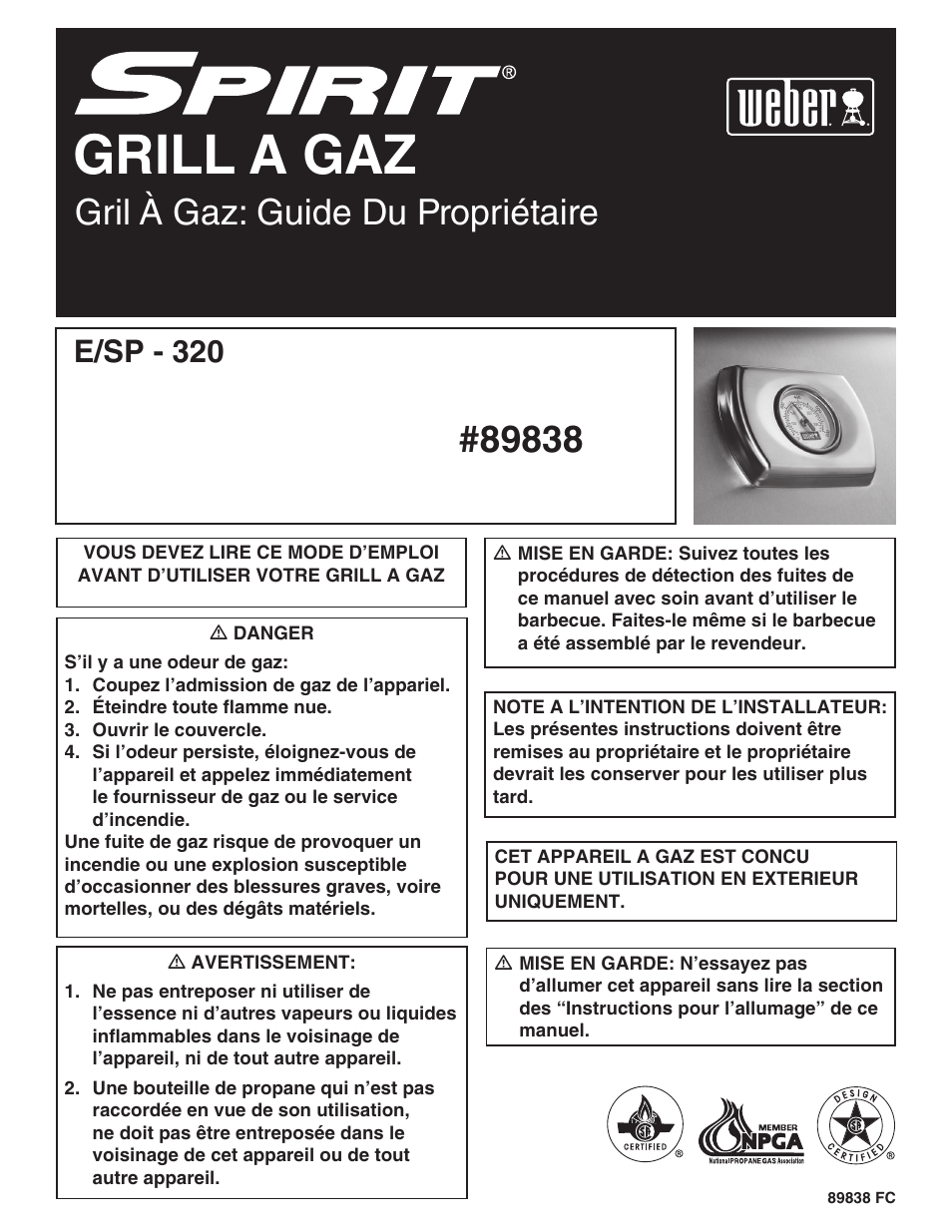Grill a gaz, Gril à gaz: guide du propriétaire, E/sp - 320 | weber 89838 User Manual | Page 30 / 48