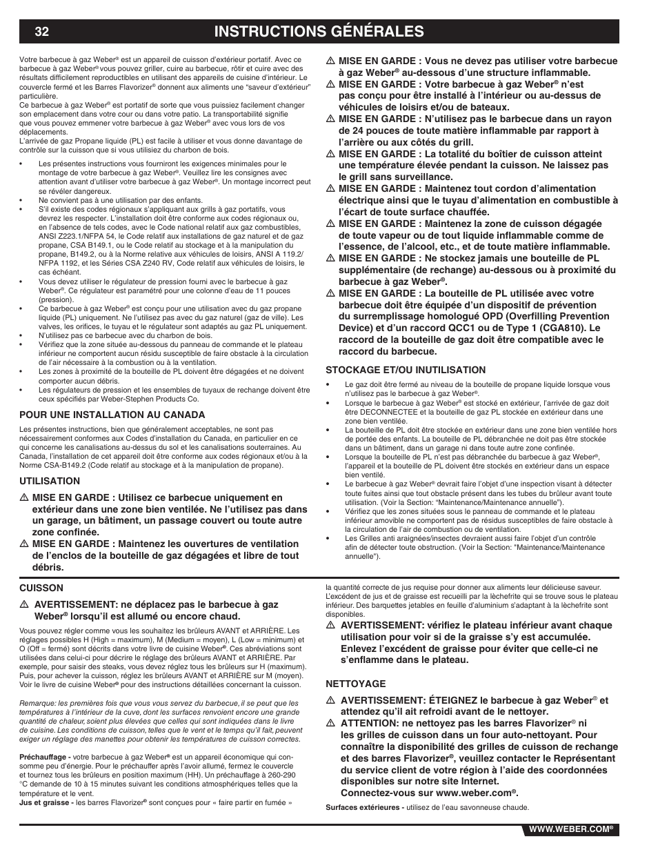 Instructions générales | weber 89838 User Manual | Page 32 / 48
