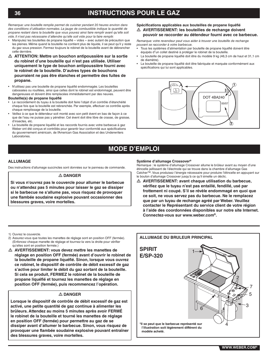 Instructions pour le gaz mode d’emploi, Spirit e/sp-320 | weber 89838 User Manual | Page 36 / 48