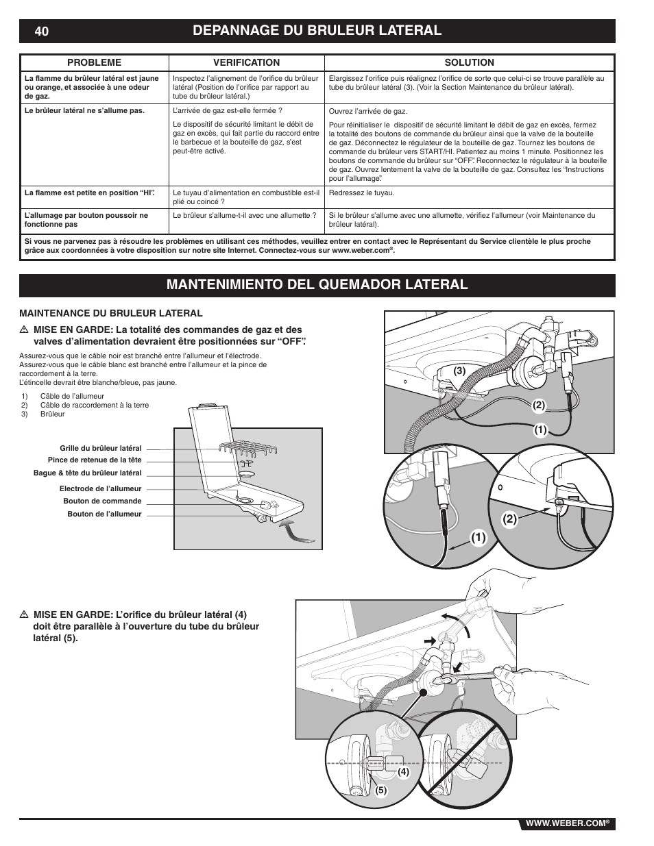 Mantenimiento del quemador lateral, Depannage du bruleur lateral | weber 89838 User Manual | Page 40 / 48