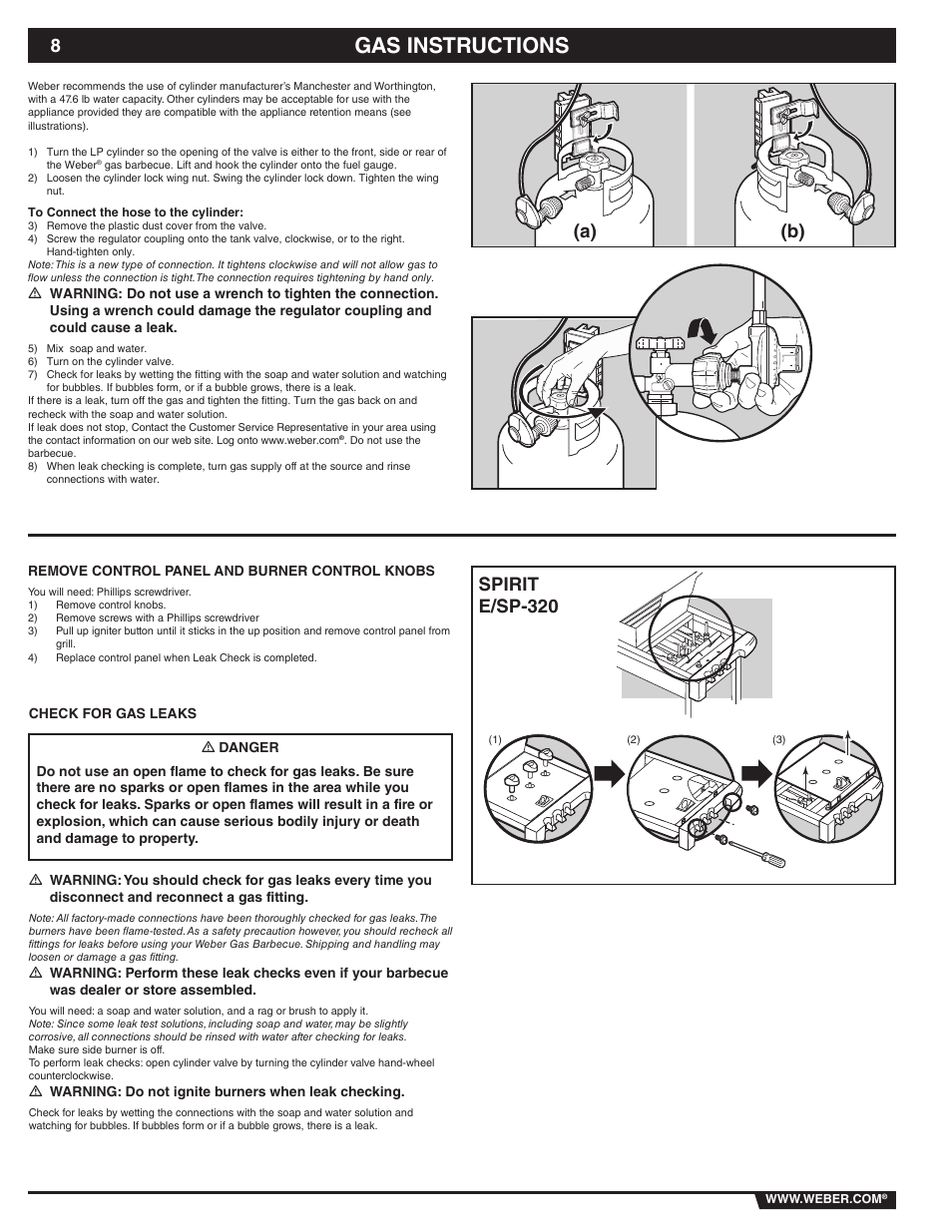 Gas instructions, Spirit e/sp-320 (a) (b) | weber 89838 User Manual | Page 8 / 48