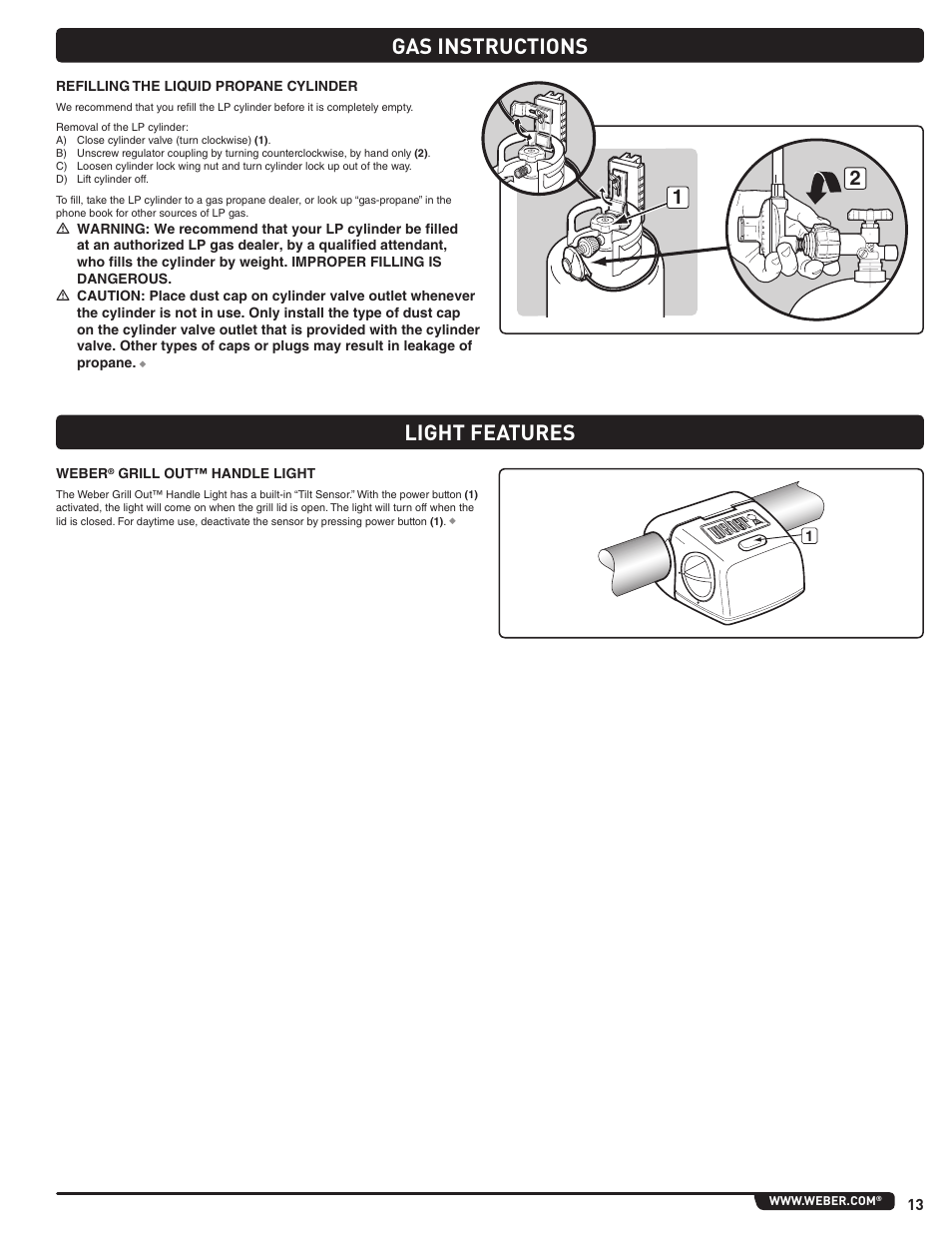 Gas instructions, Light features | weber Summit 56219 User Manual | Page 13 / 84