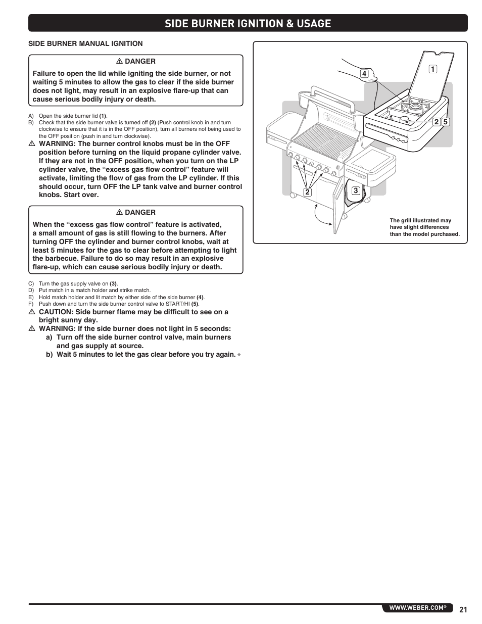 Side burner ignition & usage | weber Summit 56219 User Manual | Page 21 / 84