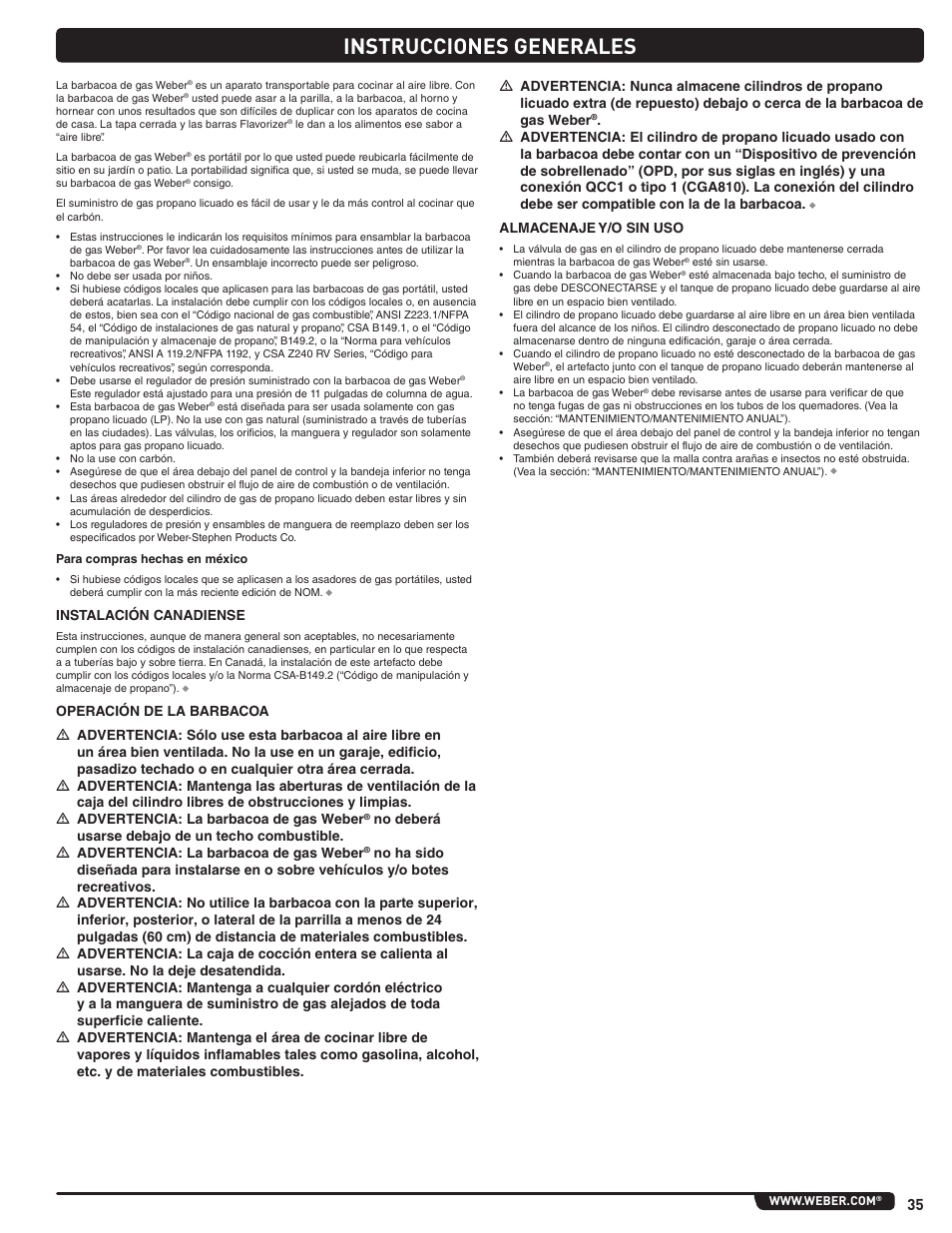 Instrucciones generales, Instalación canadiense | weber Summit 56219 User Manual | Page 35 / 84