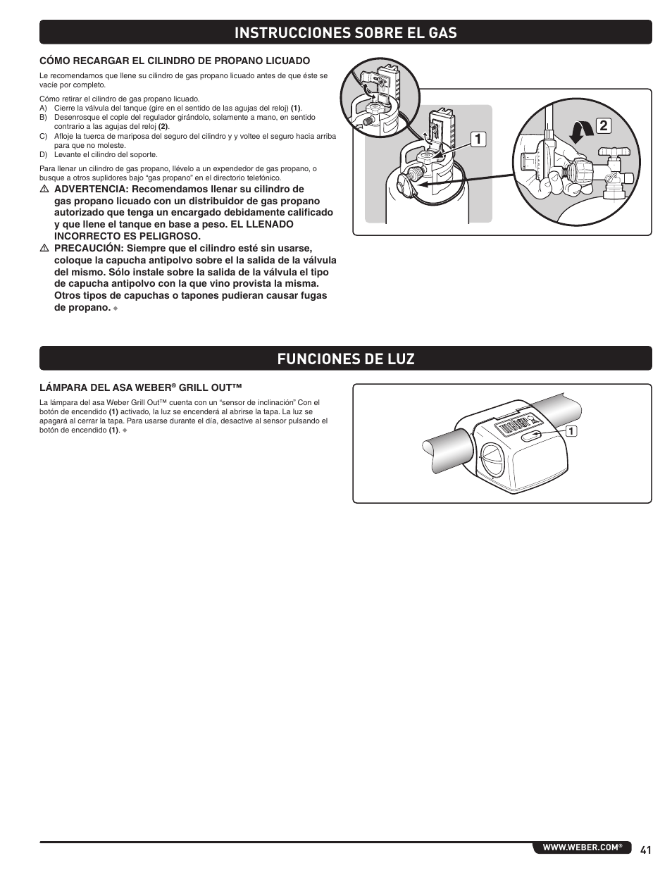 Instrucciones sobre el gas, Funciones de luz | weber Summit 56219 User Manual | Page 41 / 84