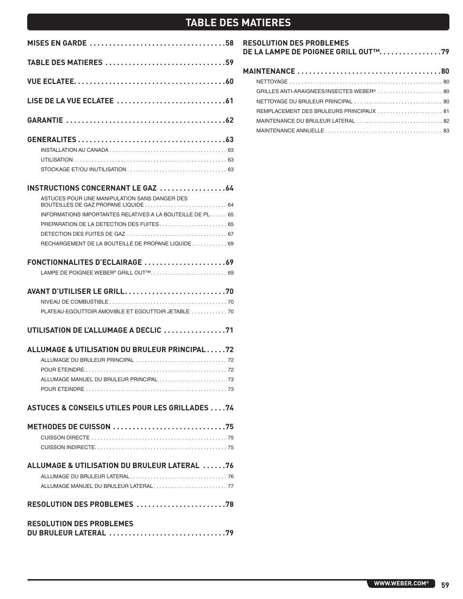 Table des matieres | weber Summit 56219 User Manual | Page 59 / 84