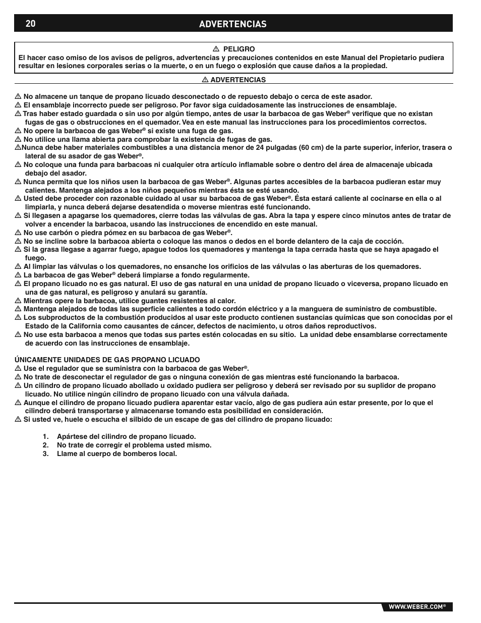 Dangers and warnings, Advertencias | weber E/S-310/320 User Manual | Page 20 / 48
