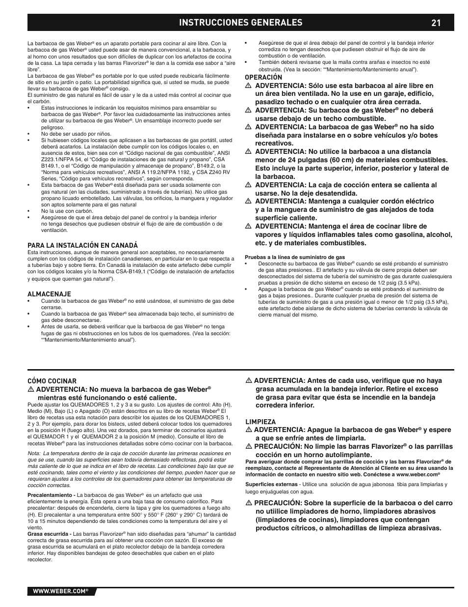 General instructions, Instrucciones generales | weber E/S-310/320 User Manual | Page 21 / 48