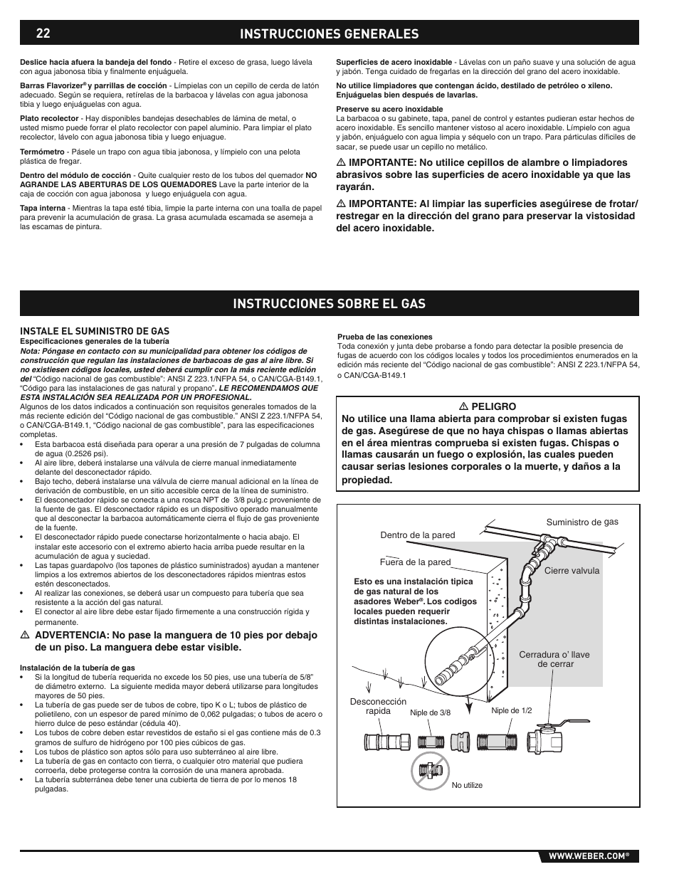 General instructions, Instrucciones generales, Instrucciones sobre el gas | weber E/S-310/320 User Manual | Page 22 / 48