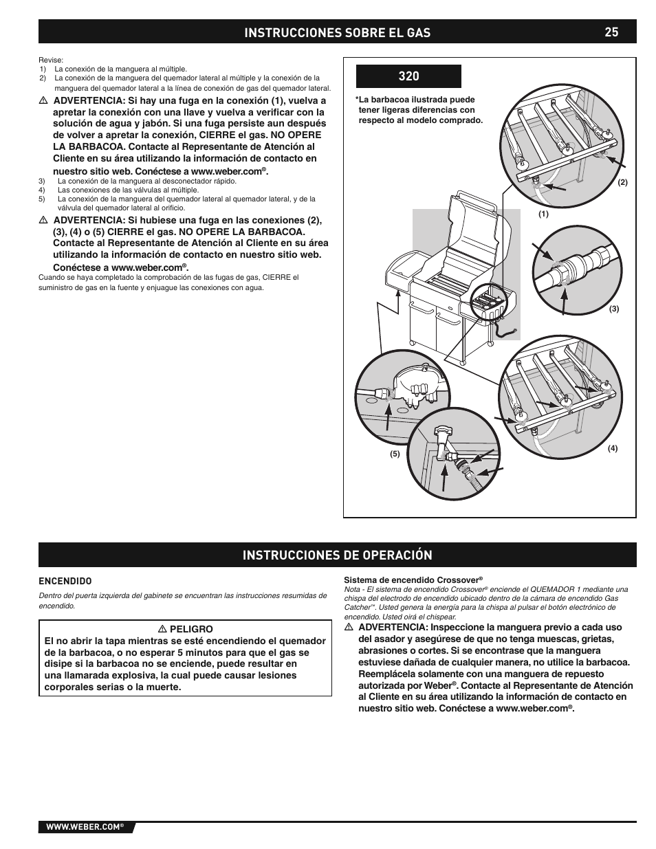 Instrucciones sobre el gas, Instrucciones de operación | weber E/S-310/320 User Manual | Page 25 / 48