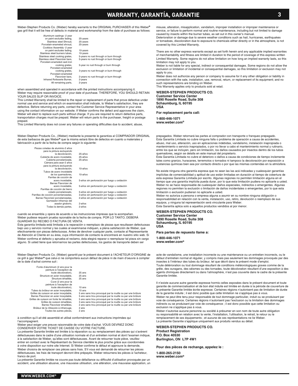 Warranty, Warranty ,, garantía, garantie | weber E/S-310/320 User Manual | Page 3 / 48