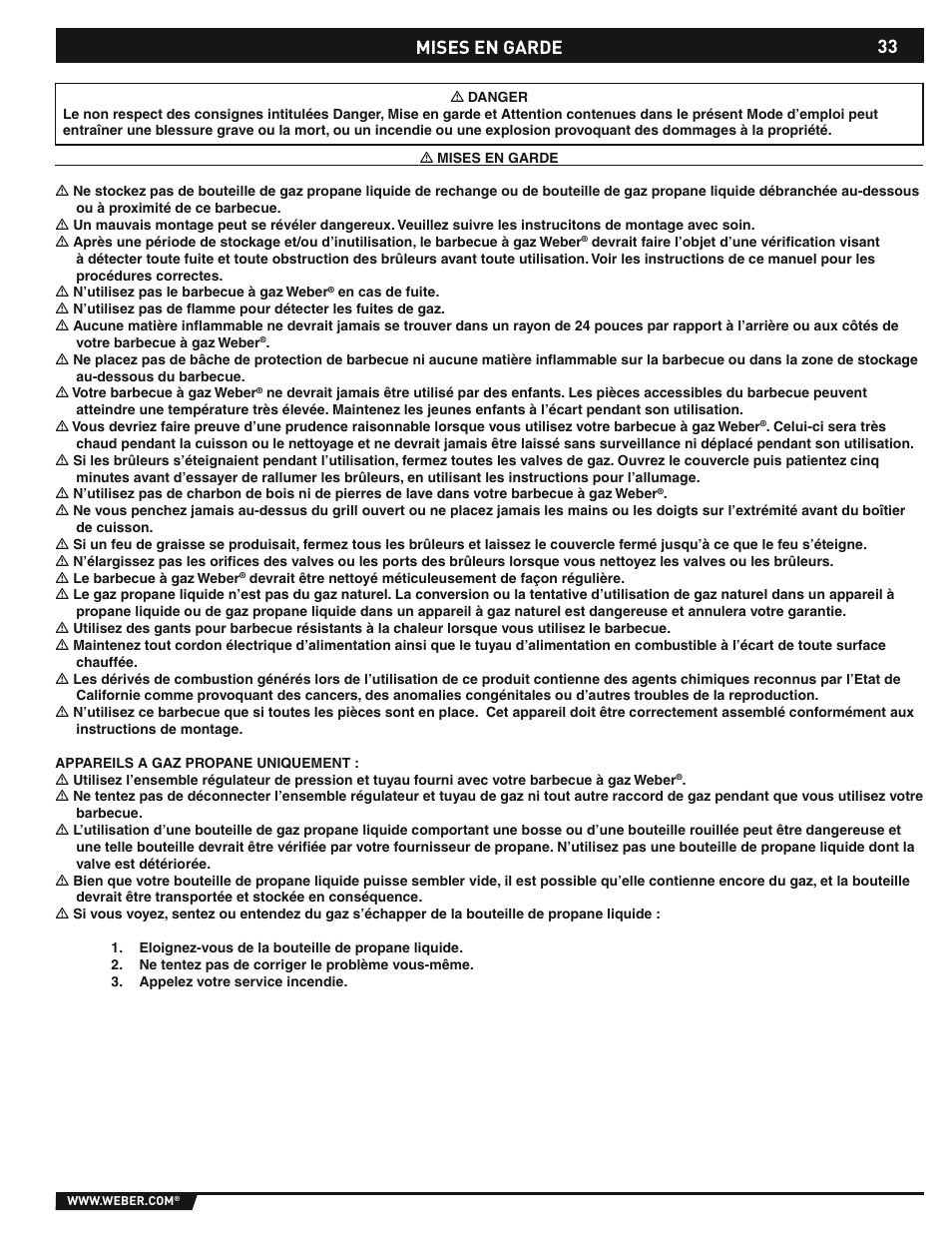Dangers and warnings, Mises en garde | weber E/S-310/320 User Manual | Page 33 / 48
