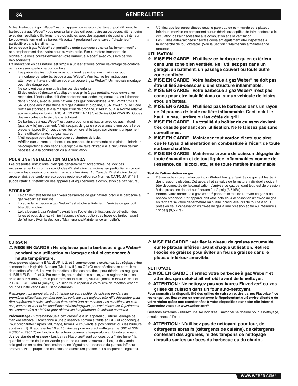 General instructions, Generalites | weber E/S-310/320 User Manual | Page 34 / 48