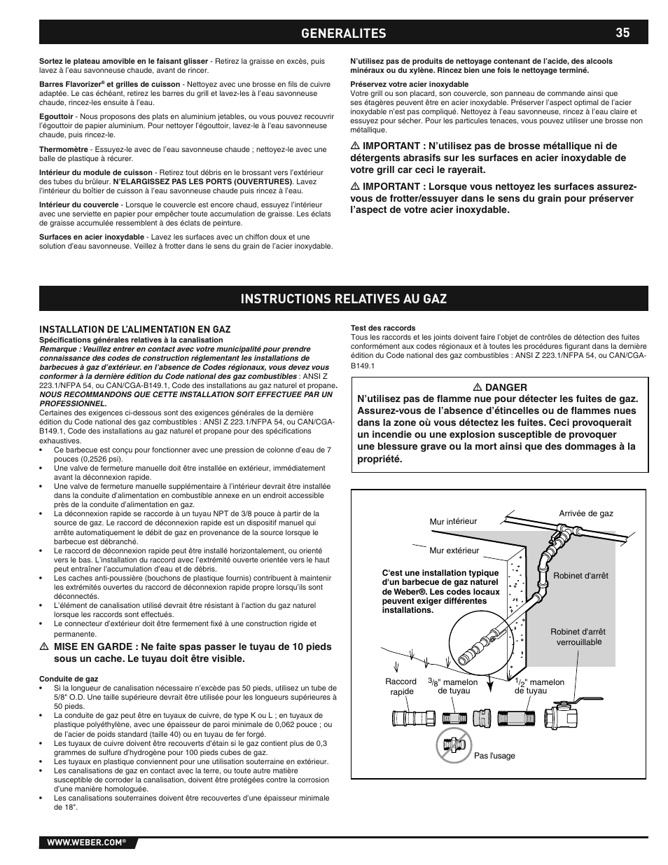 General instructions, Generalites, Instructions relatives au gaz | weber E/S-310/320 User Manual | Page 35 / 48