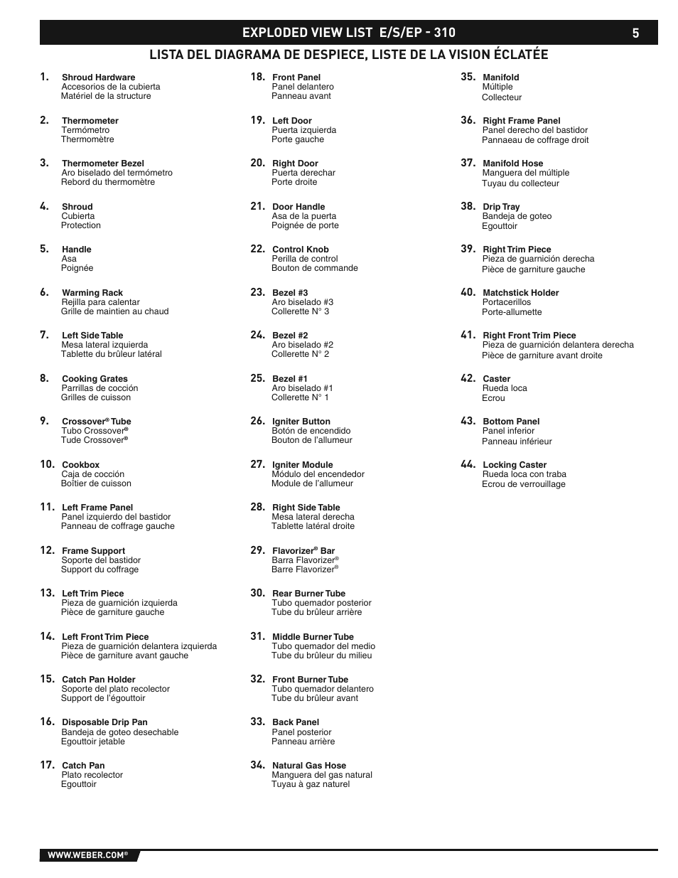 Exploded view list e/s/ep - 310 | weber E/S-310/320 User Manual | Page 5 / 48