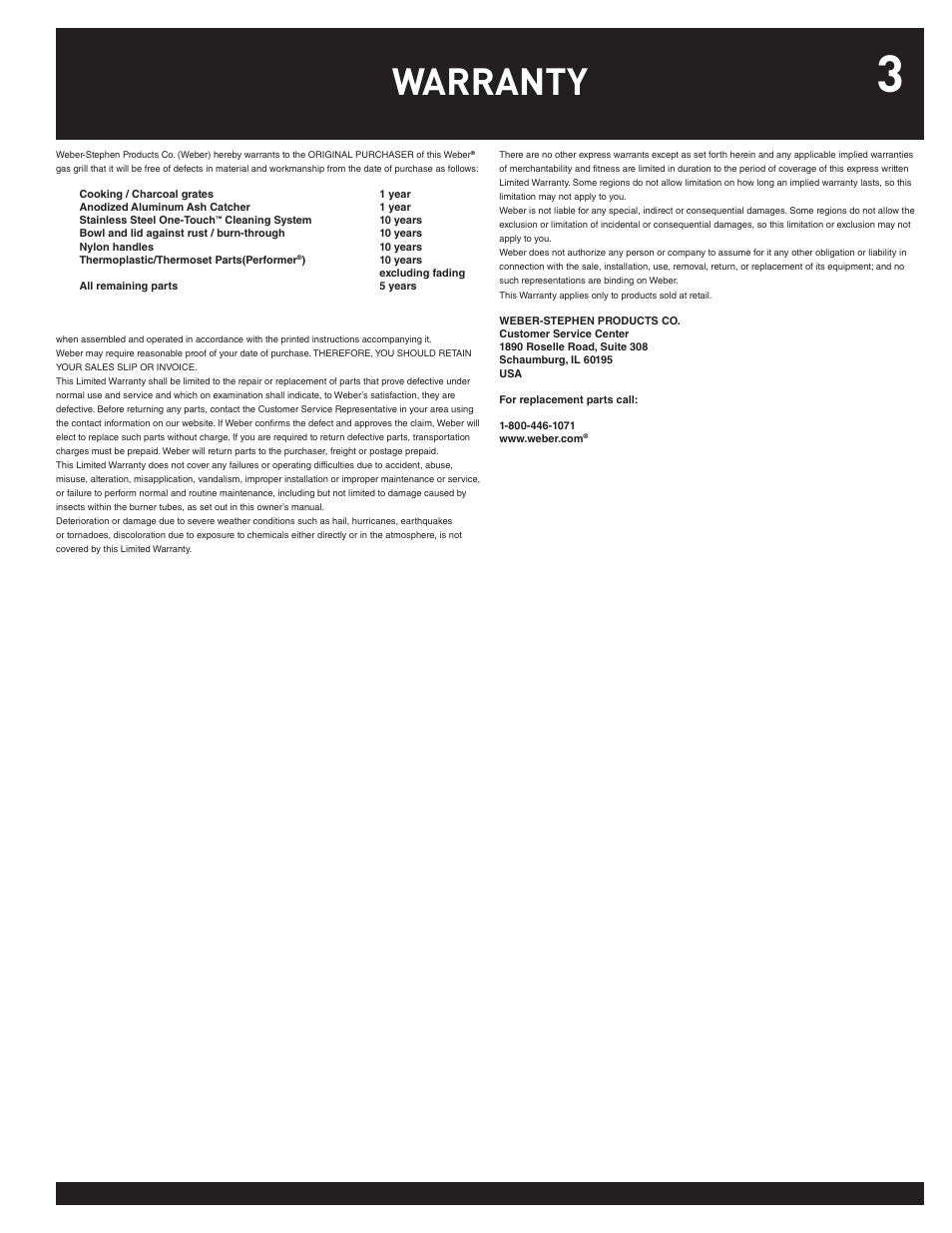 Warranty | weber Performer 78763 User Manual | Page 3 / 24