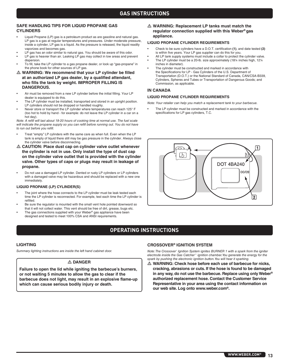 Gas instructions, Operating instructions | weber Genesis 310 User Manual | Page 13 / 56