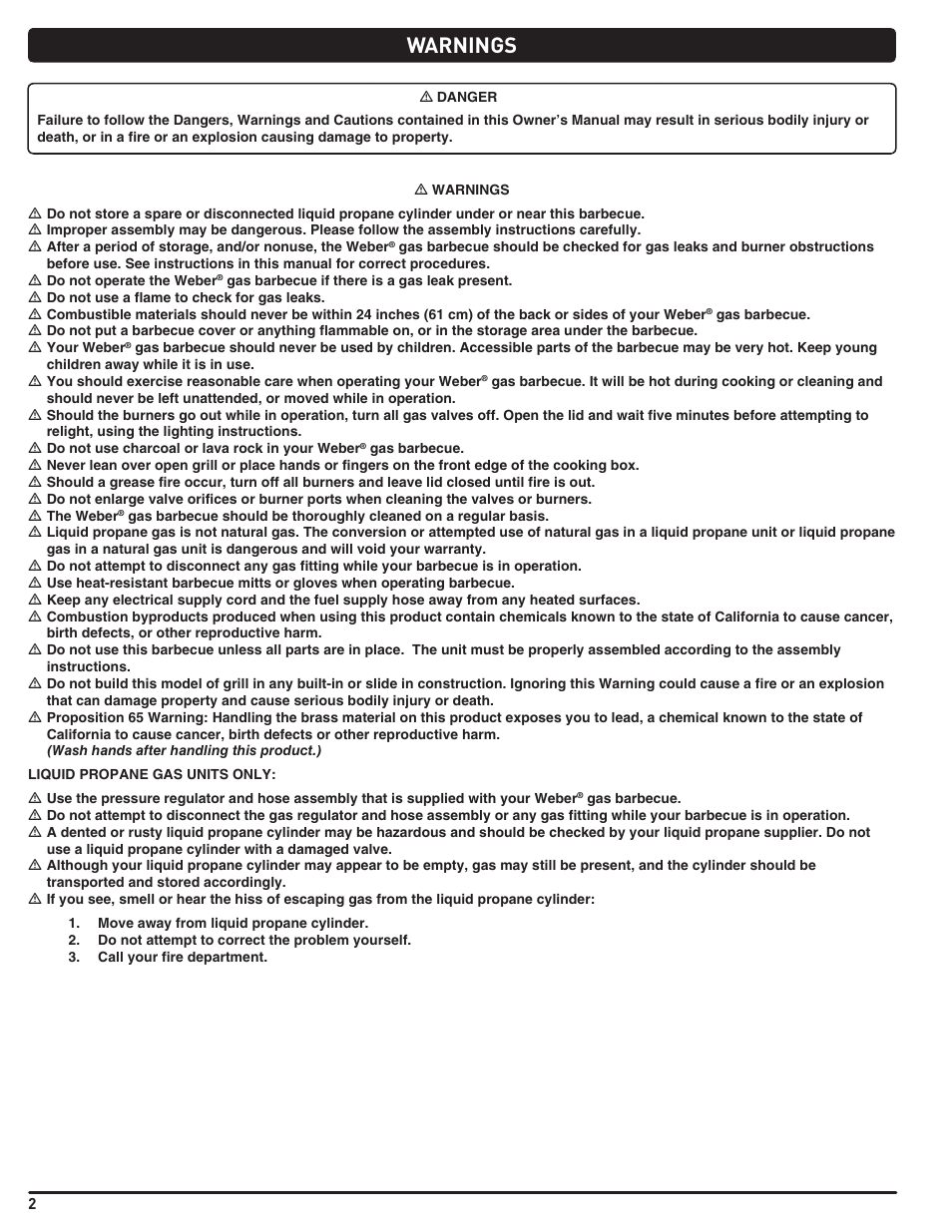Dangers and warnings, Warnings | weber Genesis 310 User Manual | Page 2 / 56