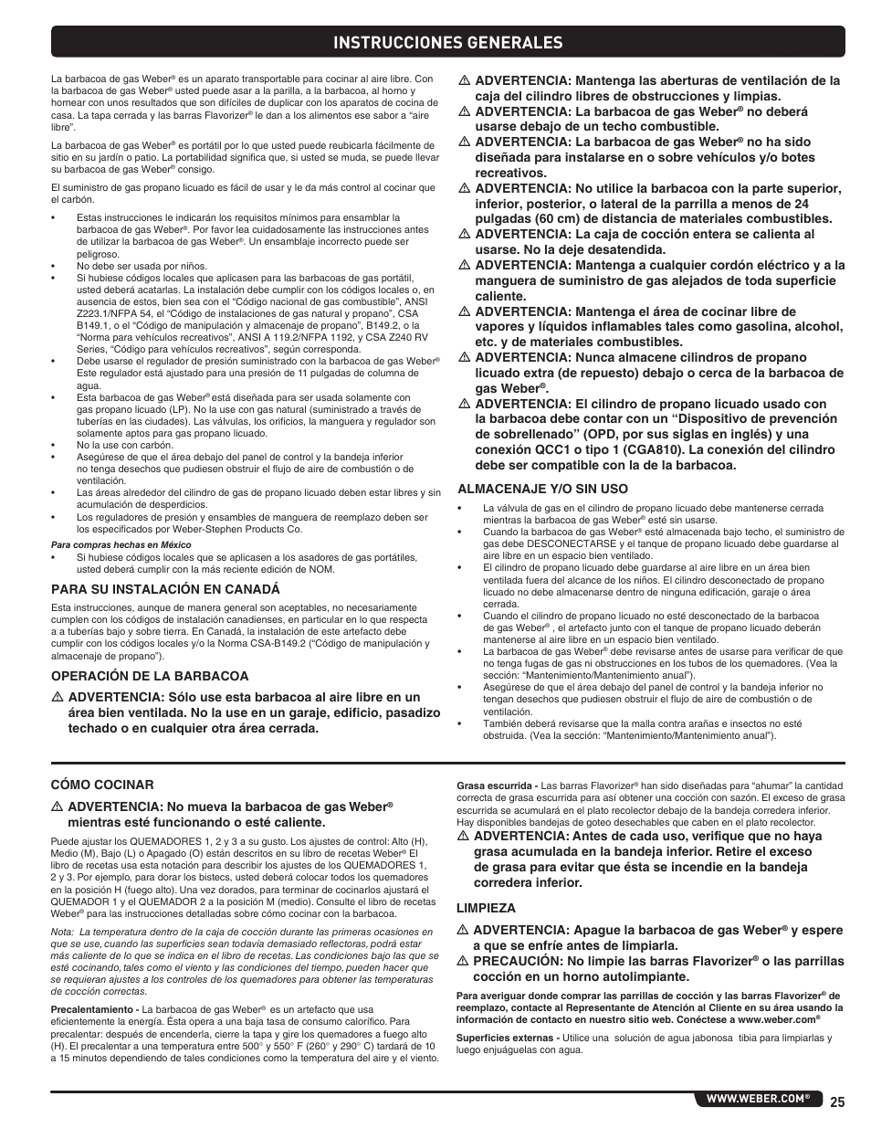 General instructions, Instrucciones generales | weber Genesis 310 User Manual | Page 25 / 56