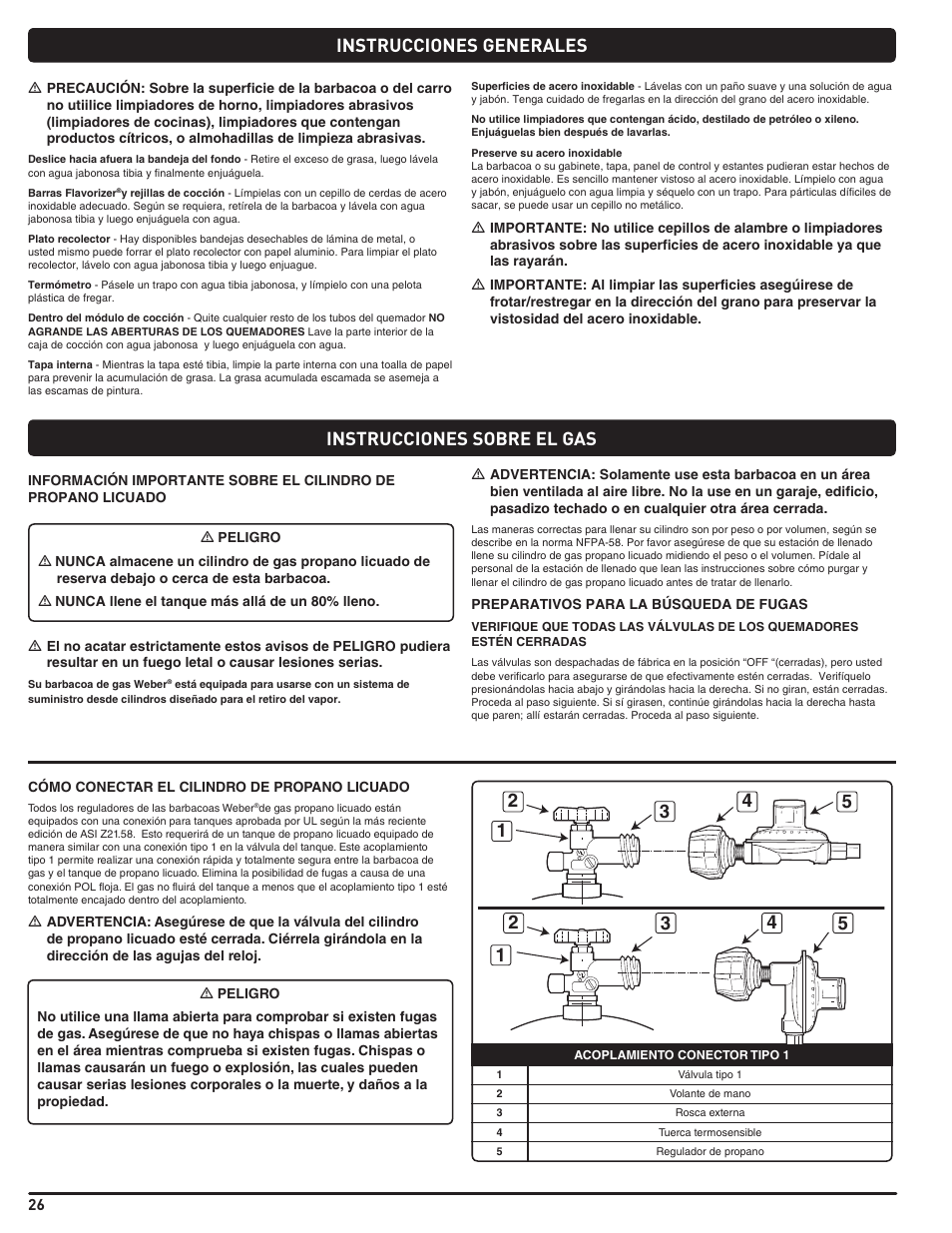 General instructions, Instrucciones generales, Instrucciones sobre el gas | weber Genesis 310 User Manual | Page 26 / 56