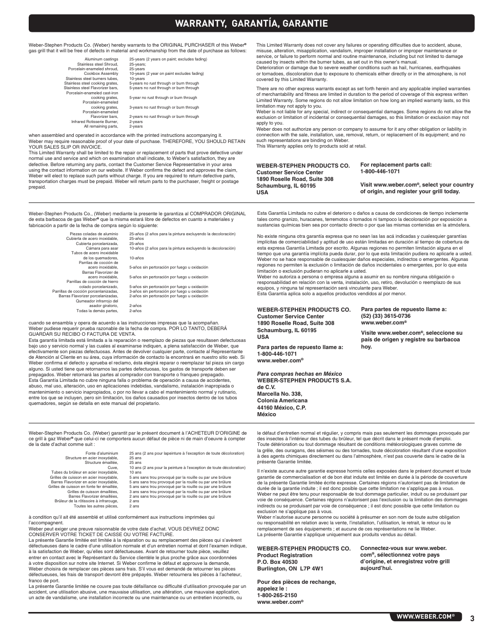 Warranty, Warranty, garantía, garantie | weber Genesis 310 User Manual | Page 3 / 56