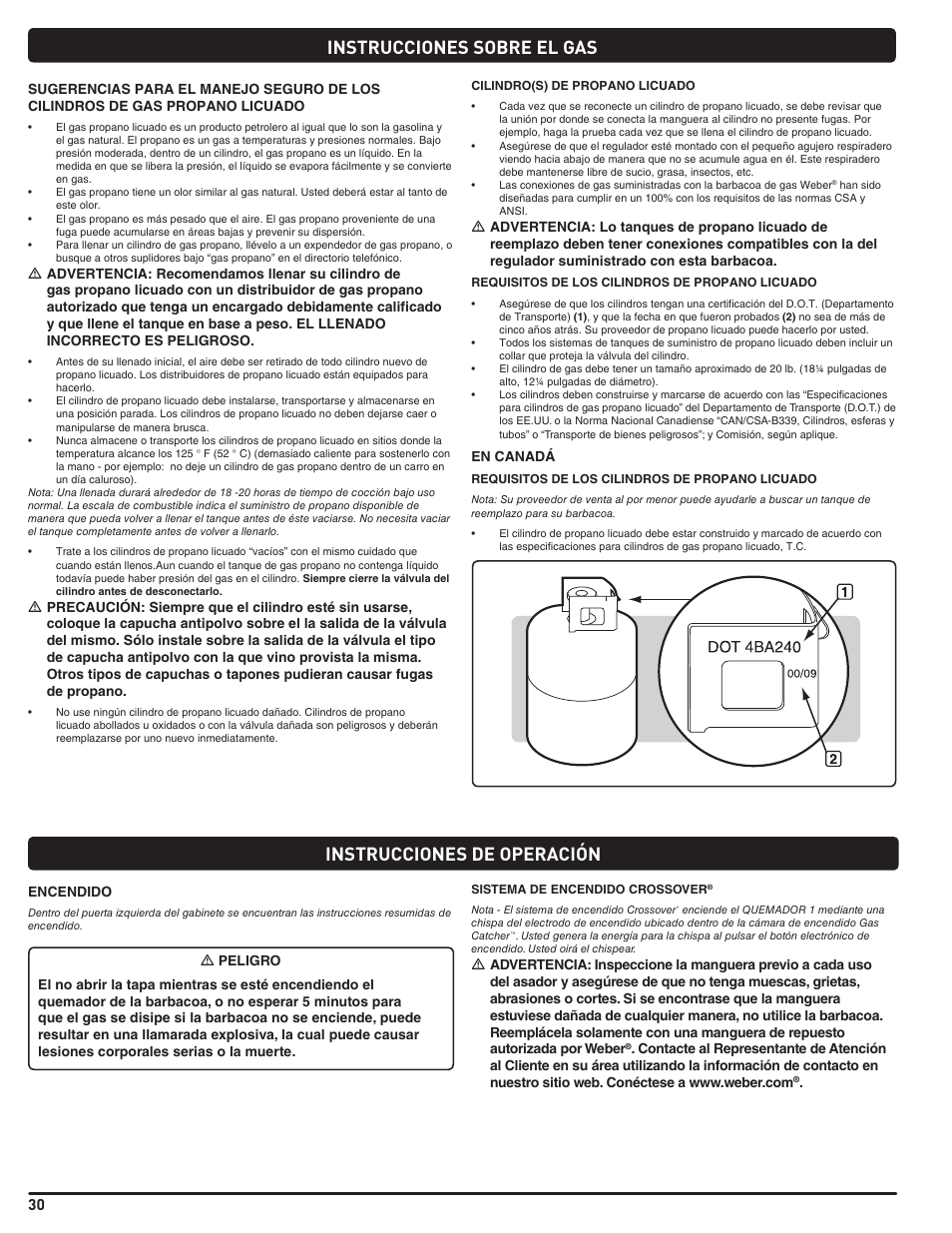 Gas instructions, Instrucciones sobre el gas, Instrucciones de operación | weber Genesis 310 User Manual | Page 30 / 56