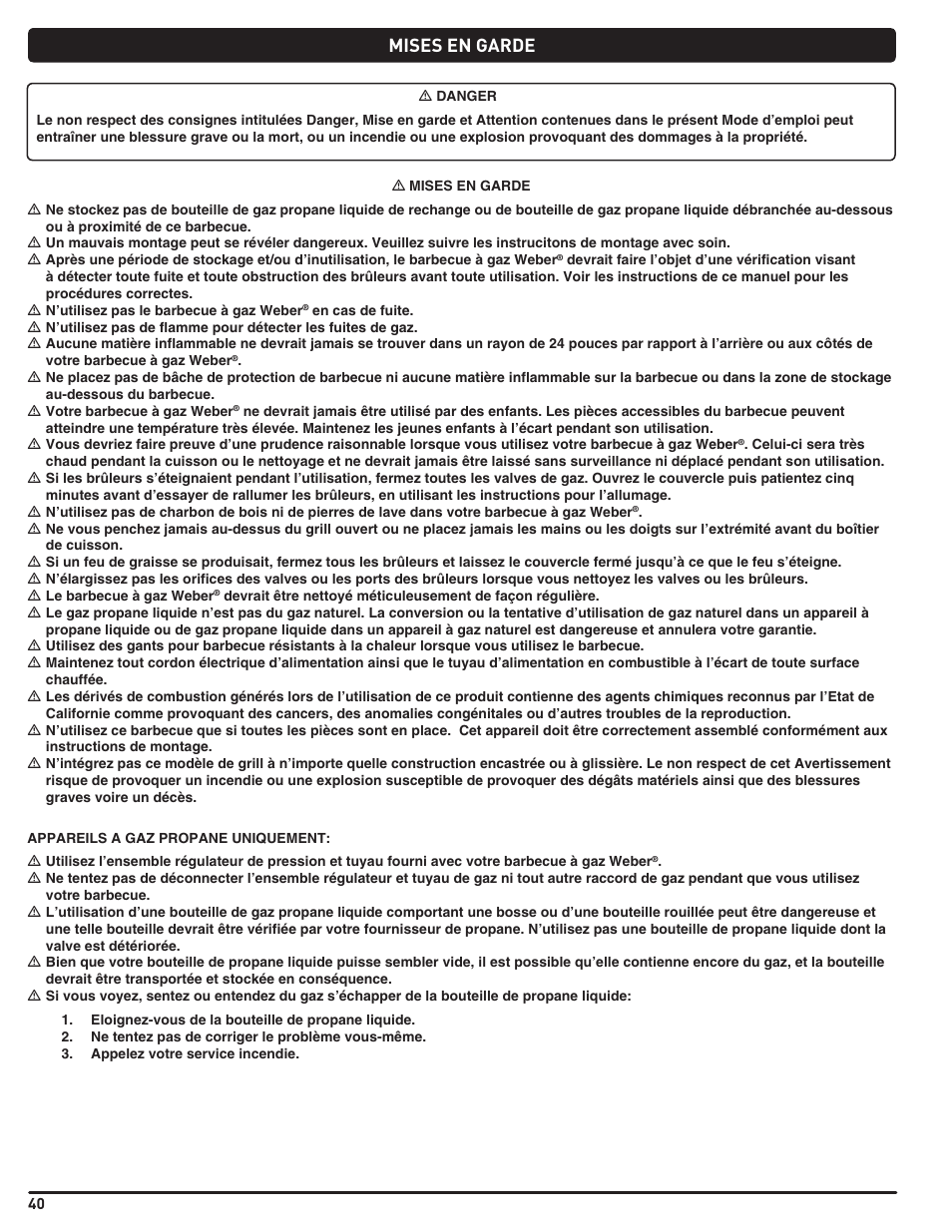 Mises en garde | weber Genesis 310 User Manual | Page 40 / 56