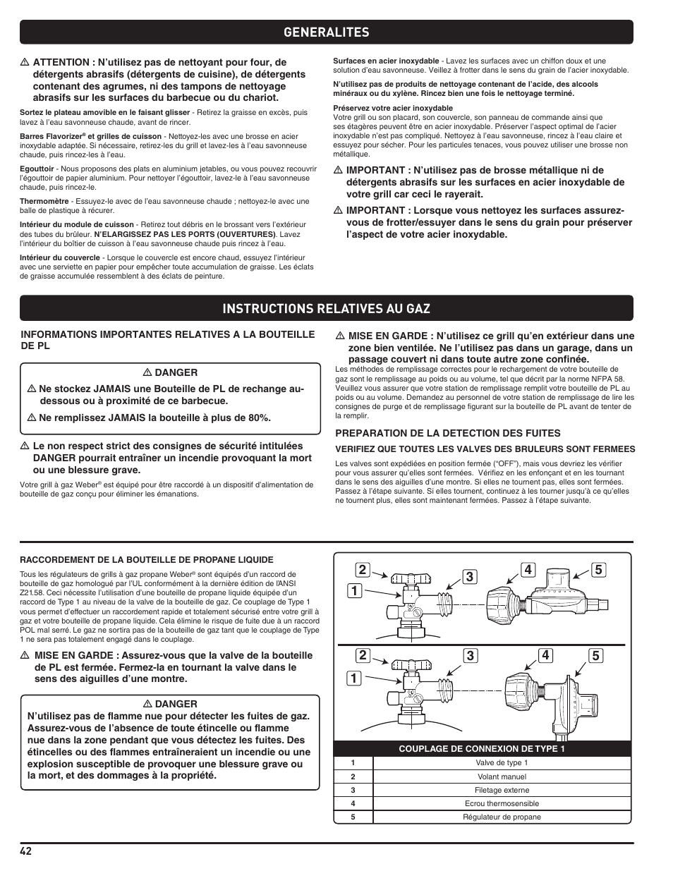 Generalites, Instructions relatives au gaz | weber Genesis 310 User Manual | Page 42 / 56