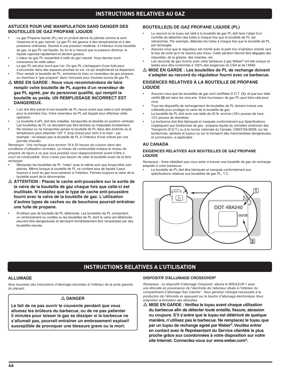 Gas instructions, Instructions relatives au gaz, Instructions relatives a l’utilisation | weber Genesis 310 User Manual | Page 46 / 56