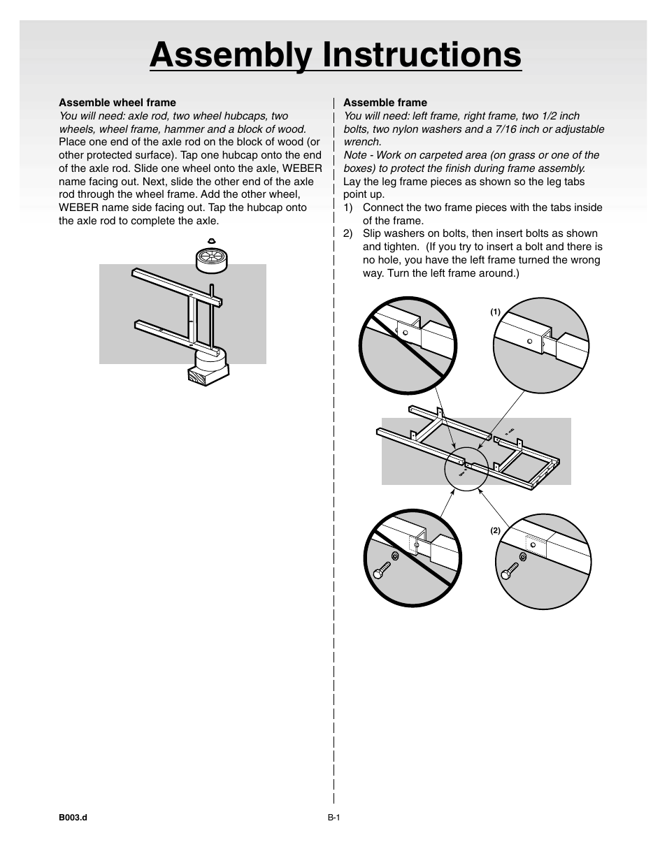 Assembly instructions, Assemble wheel frame, Assemble frame | weber 55008 User Manual | Page 13 / 40
