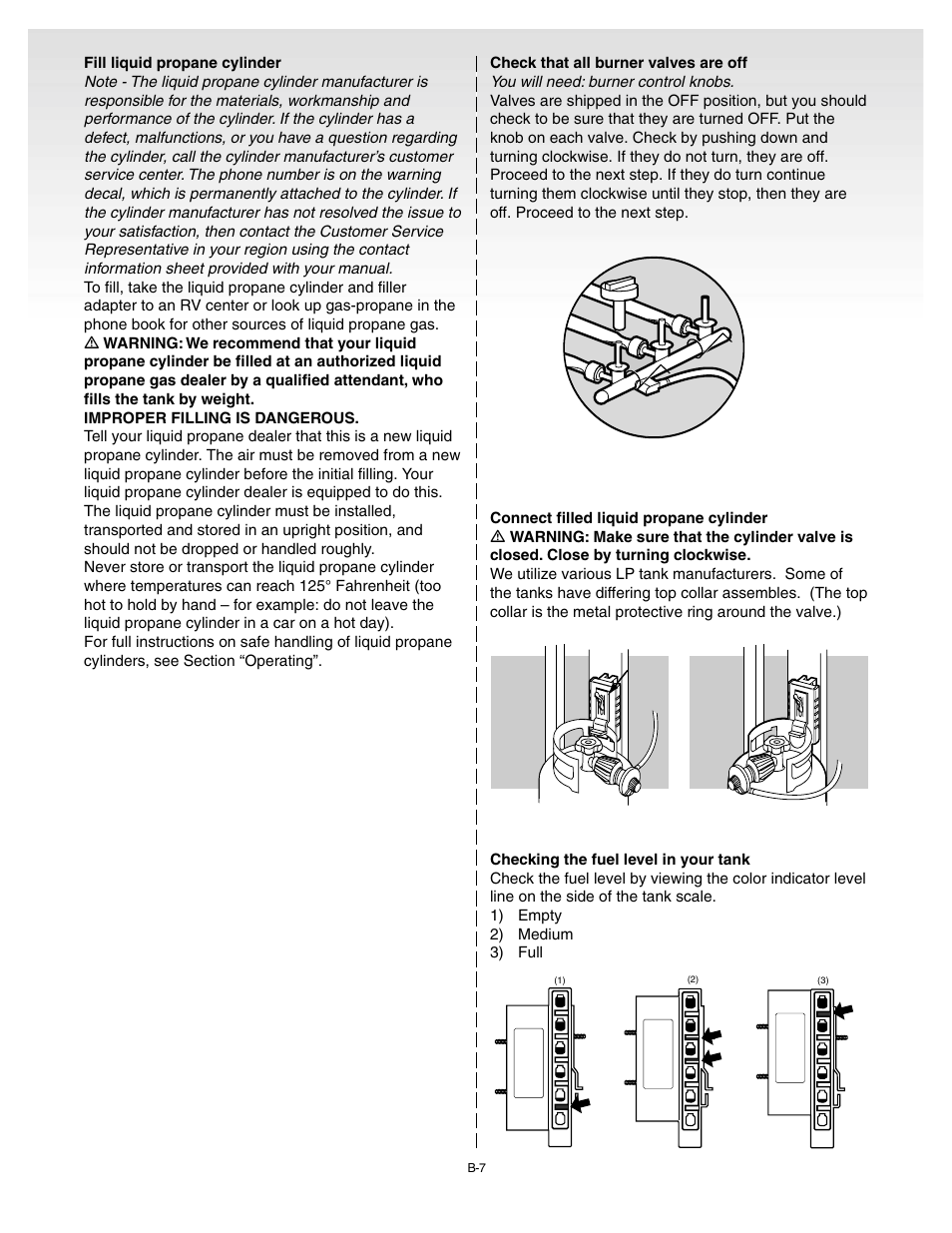 Fill liquid propane cylinder, Check that all burner valves are off, Connect filled liquid propane cylinder | weber 55008 User Manual | Page 19 / 40