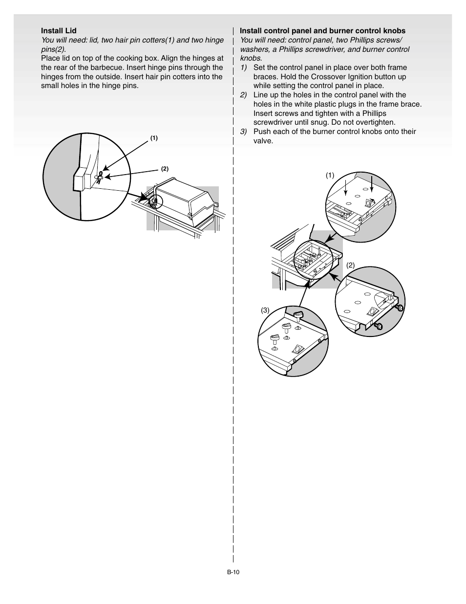 Install lid, Install control panel and burner control knobs | weber 55008 User Manual | Page 22 / 40